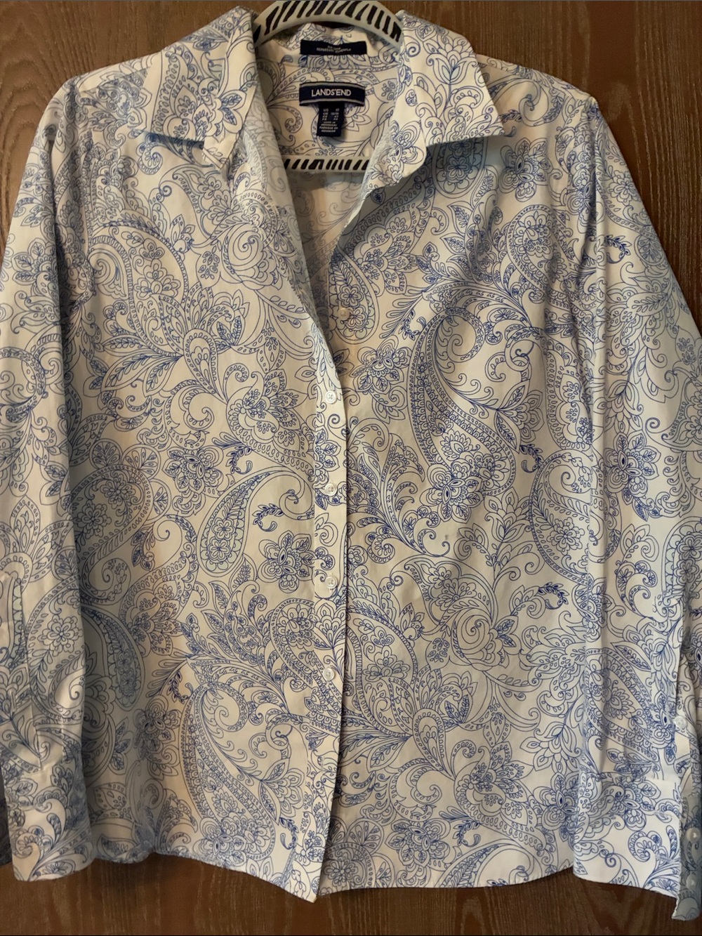 Lands' End White Shirt with Blue Paisley Print